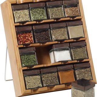 Kamenstein Jar Bamboo 3-in-1 Spice Organizer for Countertop, Wall, and Drawer with Spices Included, FREE Spice Refills for 5 Years, Lift & Pour Caps , 16 Count ( Pack of 1)